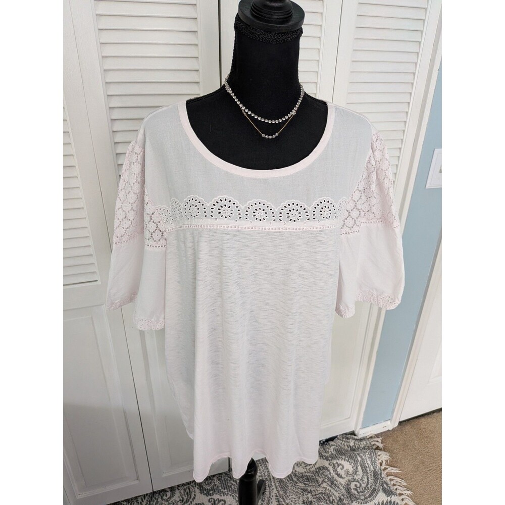 Lane Bryant Top Womens 22W Blush Pink Boho Short Puff-sleeve Tee Lace Coastal